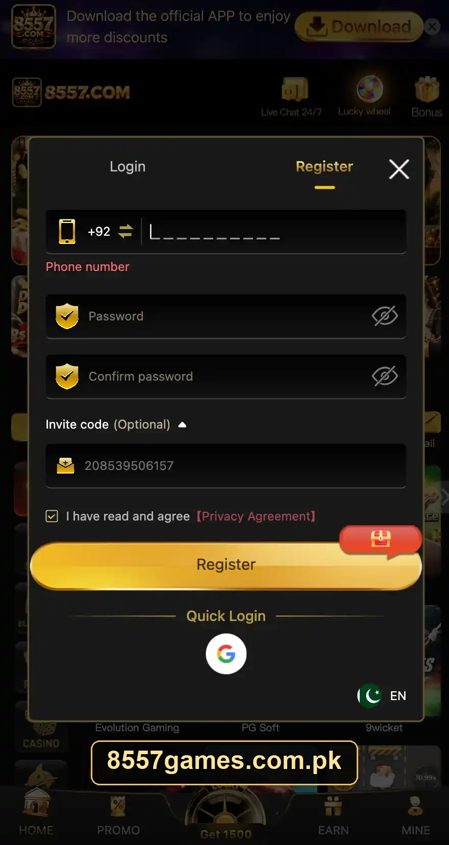 8557 registration screen
